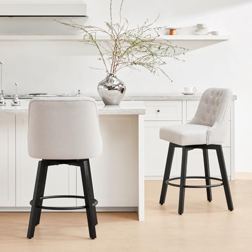 Beige Fabric Swivel Barstools, 26" Height, Kitchen Island Set of 2