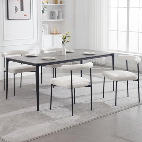 Modern DupMay Sherpa Upholstered Dining Chairs Set of 4, White Metal Legs Boucle Curved Back