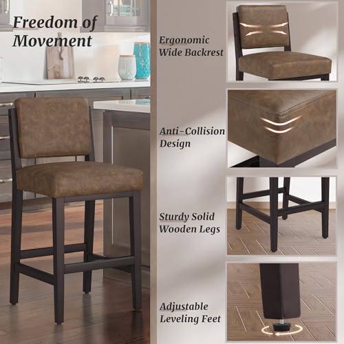Mid Century Modern 26.5" Bar Stools, Set of 2, Espresso Wood & Brown Faux Leather