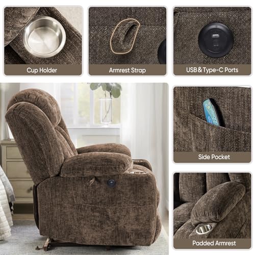 Brown Chenille Recliner with Dual Motors, Heat & Massage for Elderly
