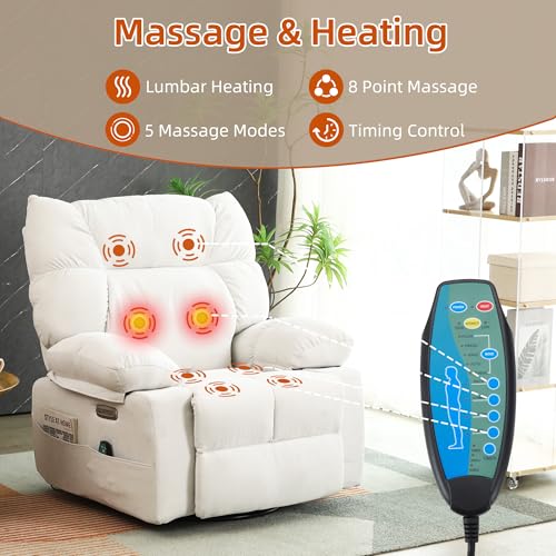 2024 White Power Recliner Chair with Swivel Massage for Adults in Living Room or Bedroom
