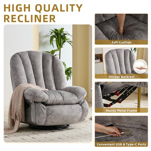 Grey Swivel Massage Recliner Chair with Bluetooth USB Ports