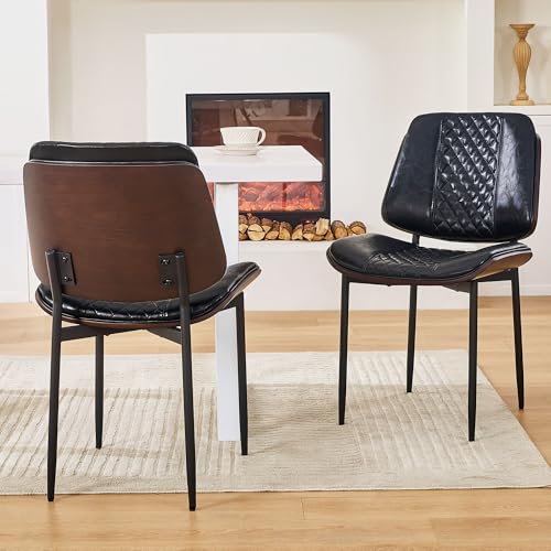 Mid Century Modern Armless Dining Chair Set PU Leather, Walnut Bentwood Kitchen Chairs