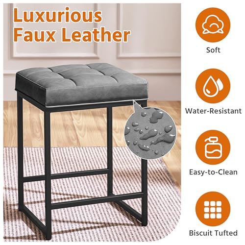 Yaheetech 24 Inch Grey Faux Leather Kitchen Bar Stool Set