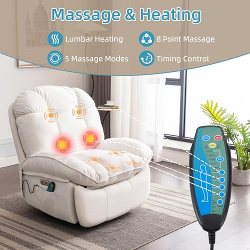 Modern Power Recliner Chair with Massage, Heat, and USB for Adults, White Living Room and Bedroom Chair
