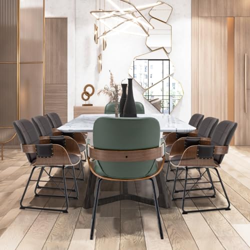 Mid Century Modern Dining Chairs with Cushioned Seat & High Back (Walnut Green)