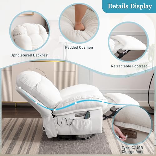 White Power Recliner with Massage, Heating & Swivel Rocking
