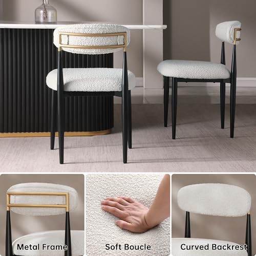 Modern Fort Boucle Dining Chair Set, Curved Back, Black Metal Legs for Any Room