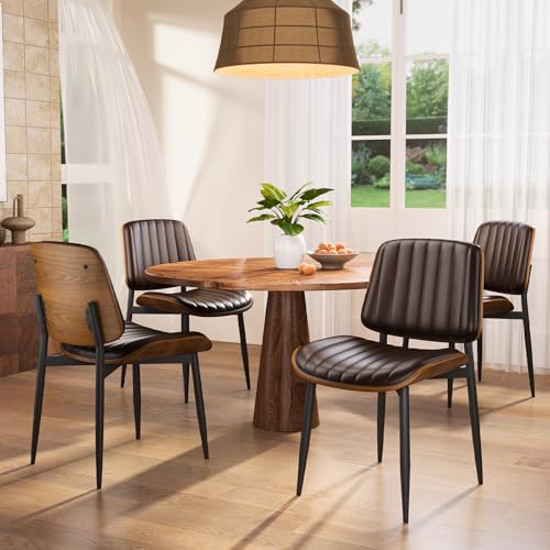 Mid Century Modern Dining Chair Set, PU Leather Vertical Stripe, Walnut Legs, Brown