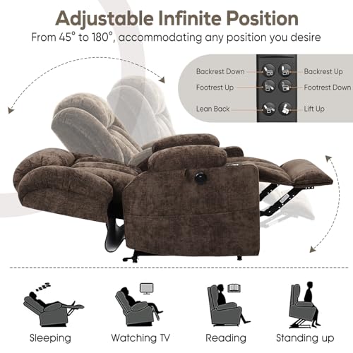 Brown Chenille Recliner with Dual Motors, Heat & Massage for Elderly