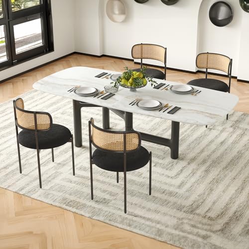 Modern Upholstered Dining Chairs Set of 4 with Rattan Back and Metal Legs, Black