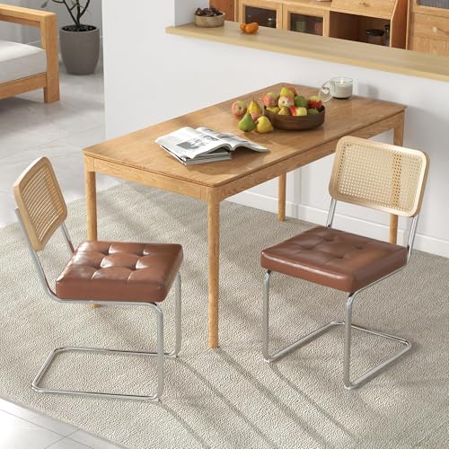 Westice Mid Century Modern Rattan Dining Chair Set, Brown with PU Cushion