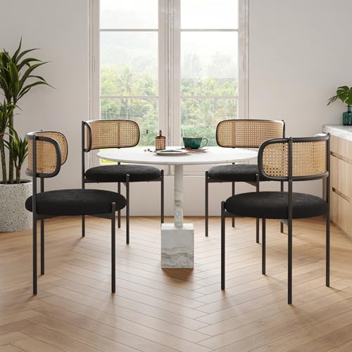 Modern Upholstered Dining Chairs Set of 4 with Rattan Back and Metal Legs, Black
