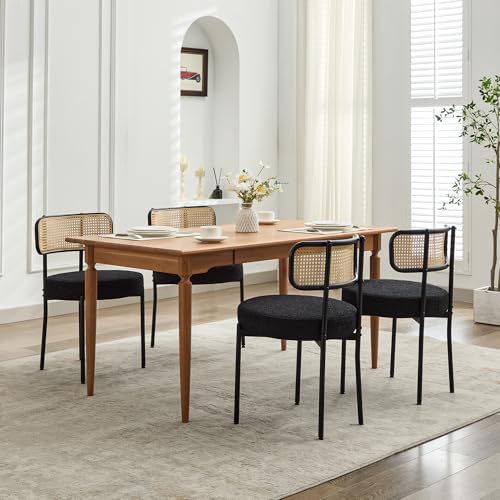 Modern Boucle Dining Chair Set of 2 with Rattan Back