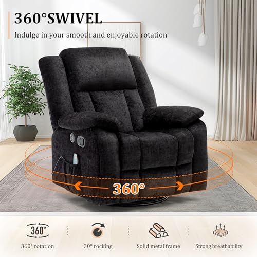 Adults Rocker Recliner Chair with 360°Swivel, USB Ports, Massage, Heating - for Living Room, Nursery (Black)