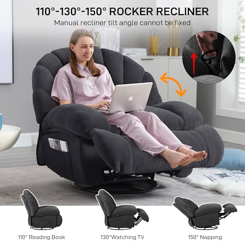 Luxury Recliner Chair with Heated Seat and Storage 360° Swivel Grey