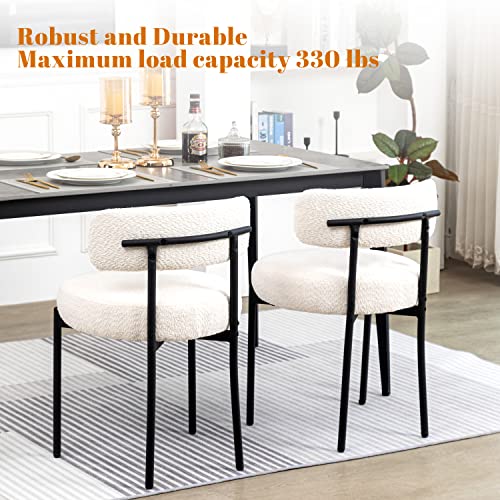 White Bouclé Dining Chair Set of 2 Curved Back Kitchen Room