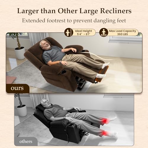 Power Lift Recliner Chair for Elderly, Big and Tall, Heat and Massage, with Extended Footrest and Cup Holders