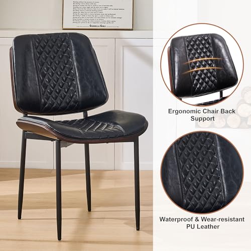Mid Century Modern Armless Dining Chair Set PU Leather, Walnut Bentwood Kitchen Chairs