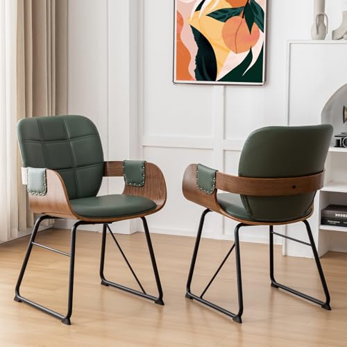 Mid Century Modern Dining Chairs with Cushioned Seat & High Back (Walnut Green)