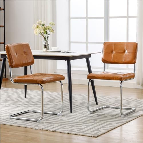 Forevich Mid Century Modern Dining Chair Set, Leather Brown Kitchen Bedroom Chairs
