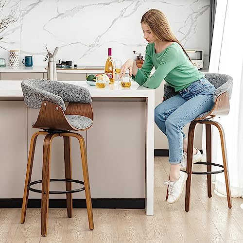 Glitzhome Walnut Wood Bar Stools, Swivel Grey with Footrest & Back, 29.5" Seat Height