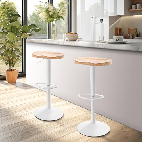 Set of 2 White Swivel Adjustable Height Bar Stools for Kitchen Island or Dining Room