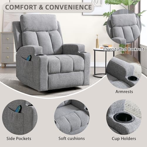 Phoenix Home Gray Manual Recliner with Massage & Heat, Overstuffed Fabric, 2 Side Pockets, Remote Control