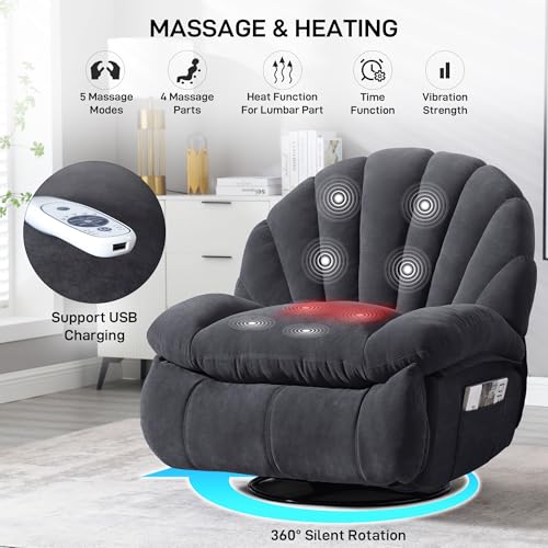 Luxury Recliner Chair with Heated Seat and Storage 360° Swivel Grey
