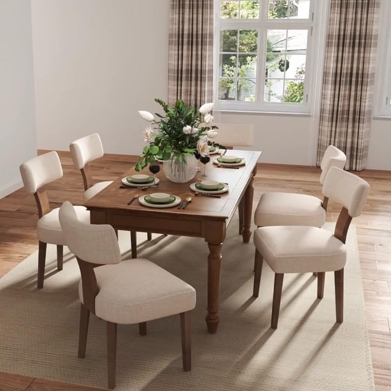 Mid Century Modern Set of 6 Linen Upholstered Dining Chairs with Wood Legs, Beige