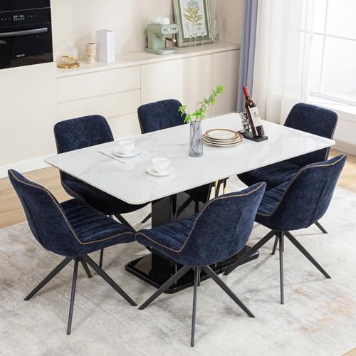 6-Piece Swivel Dining Chair Set, Mid Century Modern Kitchen Chairs with Upholstered Metal Base - Dark Blue