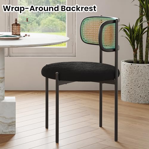 Modern Upholstered Dining Chairs Set of 4 with Rattan Back and Metal Legs, Black