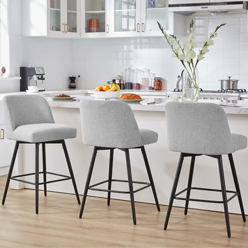 360° Swivel Modern Kitchen Stools, Grey Fabric, 26" Counter Height (Set of 3)