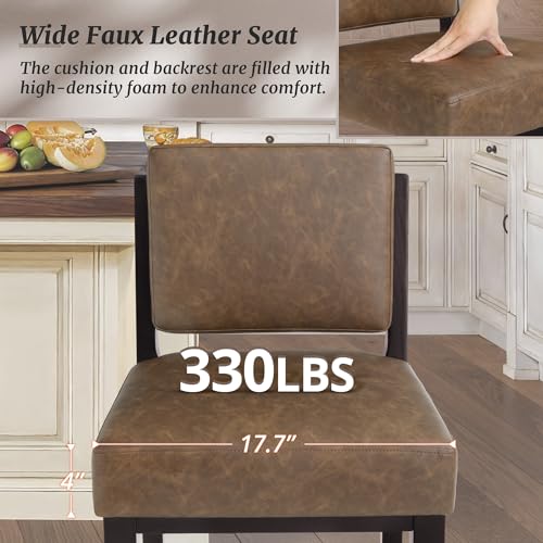 Mid Century Modern 26.5" Bar Stools, Set of 2, Espresso Wood & Brown Faux Leather