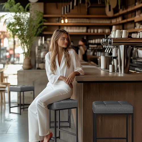 Yaheetech 24 Inch Grey Faux Leather Kitchen Bar Stool Set
