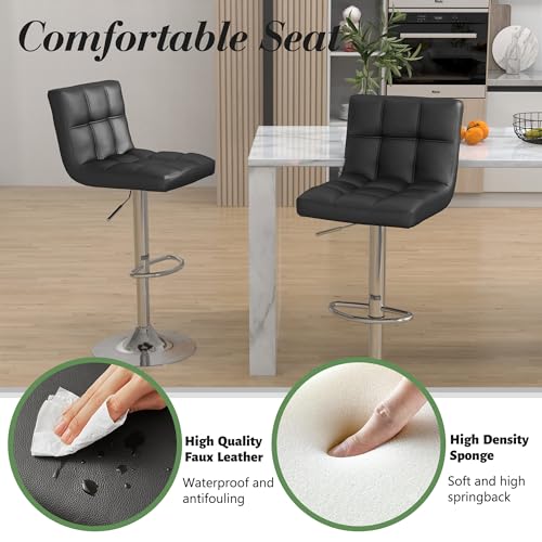 Modern Black PU Leather Bar Stool Set, Adjustable Swivel Chair, Backrest, Large Base for Kitchen Island