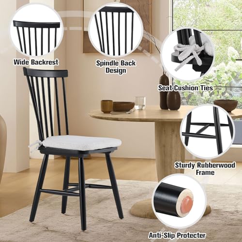 Windsor Dining Chairs Set of 2, Black Wood with Spindle Back and Cushions for Restaurant/Cafe