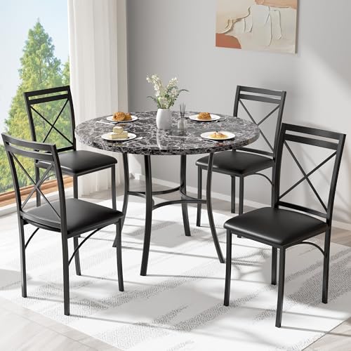 VECELO Black Metal Dining Chair Set, Steel Legs, PU Leather Seats