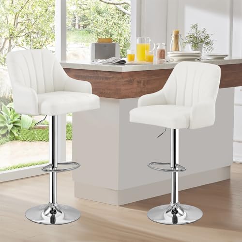 White Swivel Bar Stools with Back & Arms, Set of 2