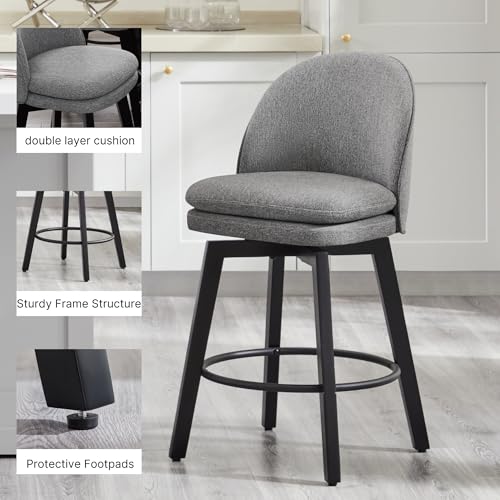 Dark Grey 26 Inch Upholstered Bar Stools with Back & Wood Legs, Set of 4 for Kitchen Island-Armless
