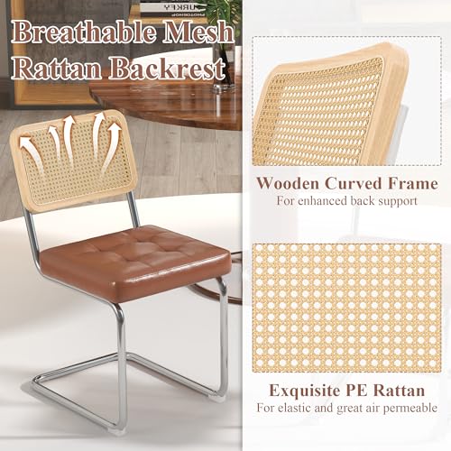 Westice Mid Century Modern Rattan Dining Chair Set, Brown with PU Cushion