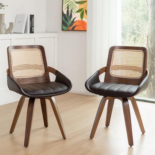 Mid Century Modern Swivel Walnut Dining Chairs with Cane Back - Set of 2 (Walnut Brown)