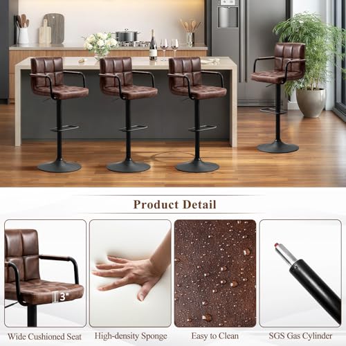 Furniliving Darkbrown Square PU Leather Bar Stools with Back & Armrest