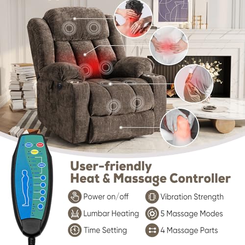 Brown Chenille Recliner with Dual Motors, Heat & Massage for Elderly