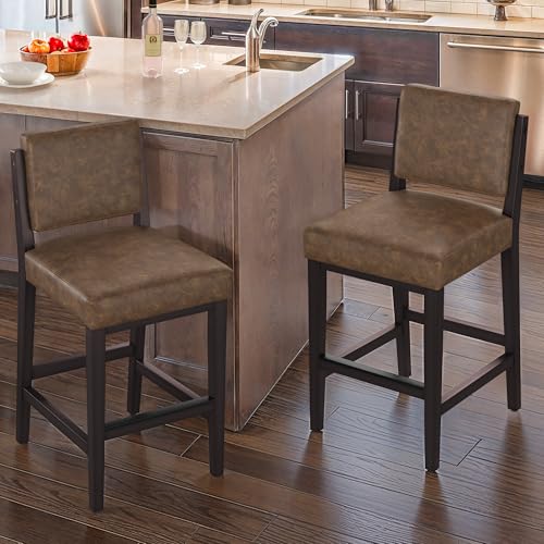 Mid Century Modern 26.5" Bar Stools, Set of 2, Espresso Wood & Brown Faux Leather