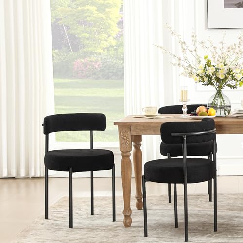 Mid Century Modern Black Boucle Dining Chair Set of 4 Sturdy & Comfy