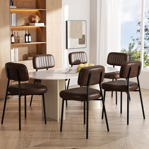 Modern Faux Leather Dining Chair Set, Thick Cushions, Metal Legs (Coffee)