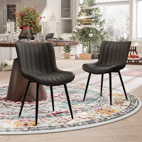 YOUNUOKE Black Faux Leather Dining Chair Set, Mid Century Modern Minimalist Armless Seat