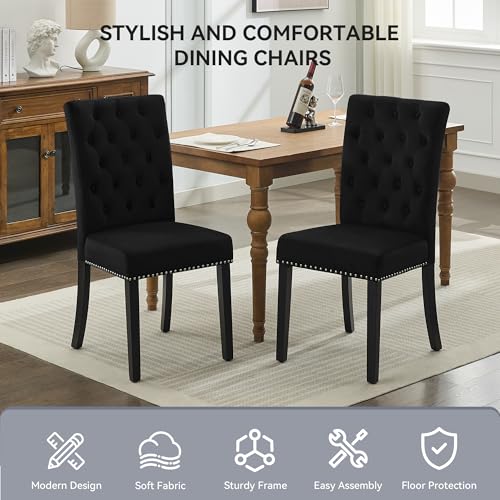 Black Button Tufted Velvet Parsons Dining Chair Set of 2