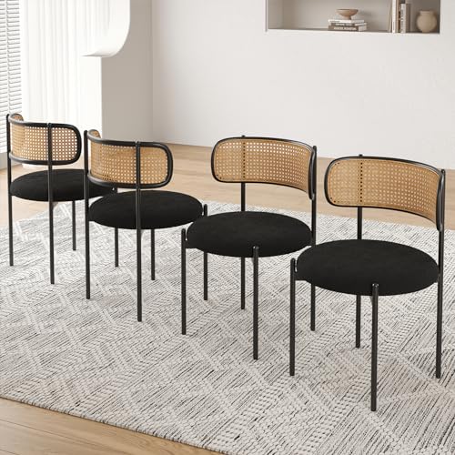 Modern Upholstered Dining Chairs Set of 4 with Rattan Back and Metal Legs, Black